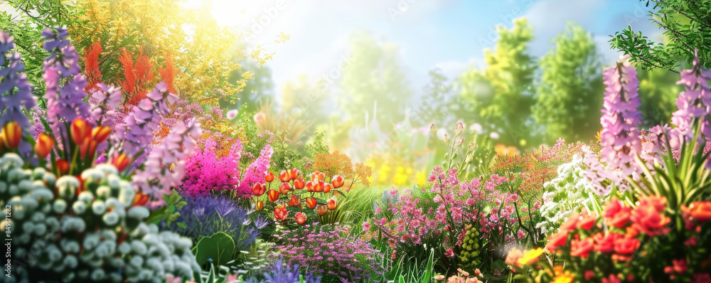 Naklejka premium Lush spring background with a vibrant garden, colorful flowers, and a sunny sky.