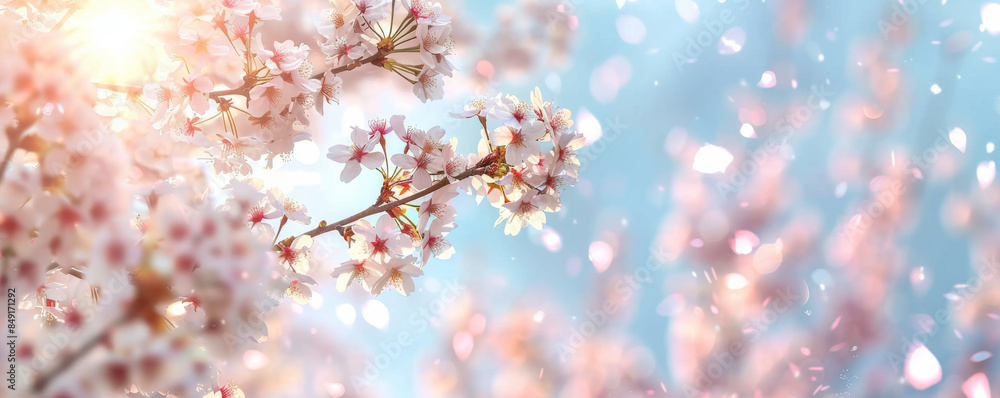 Lush spring background with blooming cherry blossoms, soft pink petals, and a clear blue sky. Lush spring background with blooming cherry blossoms, soft pink petals, and a clear blue sky.