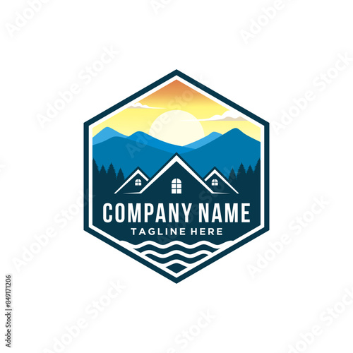 Cabin house rental with forest mountain logo design template, home cabin logo construction. house mountain logo template Vector illustration