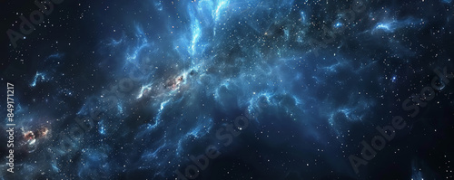 Intense space background with dark blue and black hues, dense star clusters, and glowing nebulae.