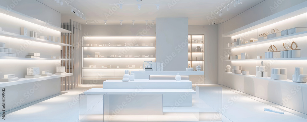Fototapeta premium Minimalist shop background with clean white shelves, geometric displays, and soft lighting.