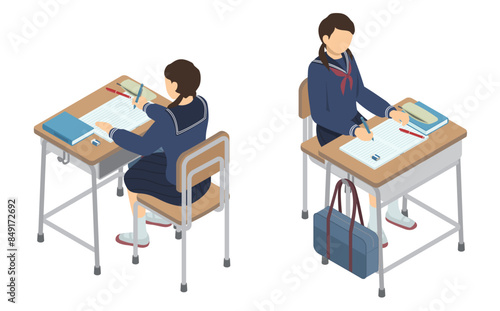 アイソメトリックイラスト：学校の机で勉強する女子生徒