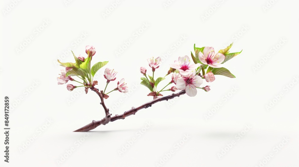 A delicate cherry blossom branch with pink and white flowers, symbolizing spring and natural beauty against a white background A delicate cherry blossom branch with pink and white flowers, symbolizing spring and natural beauty against a white background