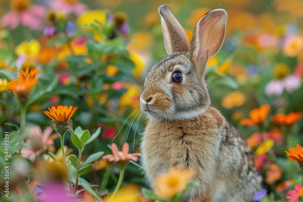 Obraz premium Baby Rabbit: A small, furry baby rabbit with long ears and bright eyes, hopping through a meadow filled with colorful flowers.