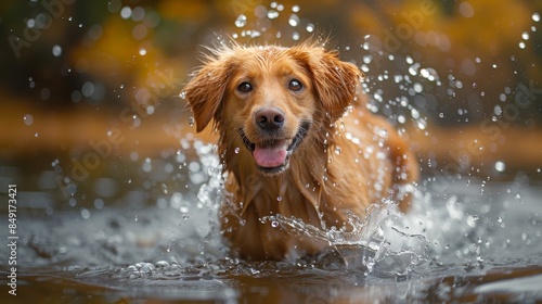 A close-up shot of a dog drenched in rain, capturing the droplets and the wet fur, evoking a sense of freshness and liveliness