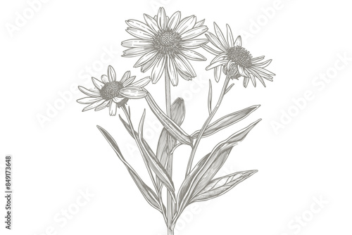 Arnica hand drawn illustration. Vector pen-and-ink drawing illustration of Arnica flower. Herbal spices conception illustration