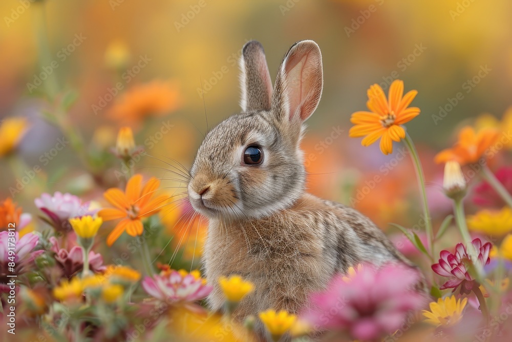 Fototapeta premium Baby Rabbit: A small, furry baby rabbit with long ears and bright eyes, hopping through a meadow filled with colorful flowers.
