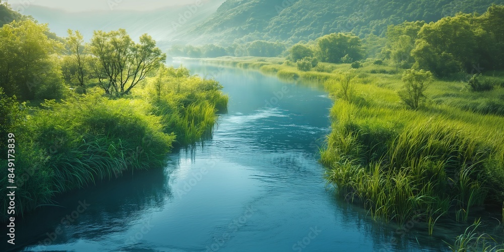 A serene river flows gently through a vibrant landscape of lush greenery and rolling hills A serene river flows gently through a vibrant landscape of lush greenery and rolling hills