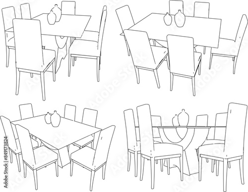 Vector illustration sketch architectural design drawing interior details of dining table chairs in the family room