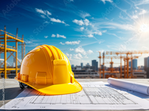 Yellow hard hat safety helmet and blueprint on a desk at construction site, engineering and construction industry concept