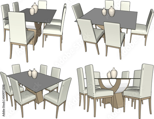 Vector illustration sketch architectural design drawing interior details of dining table chairs in the family room