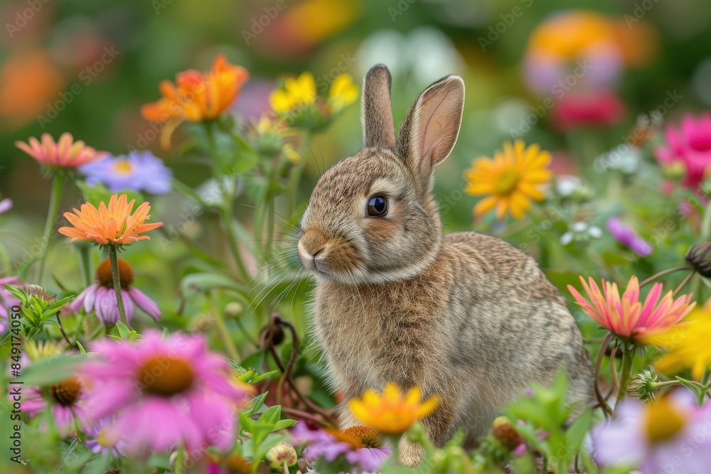 Baby Rabbit: A small, furry baby rabbit with long ears and bright eyes, hopping through a meadow filled with colorful flowers. Baby Rabbit: A small, furry baby rabbit with long ears and bright eyes, hopping through a meadow filled with colorful flowers.