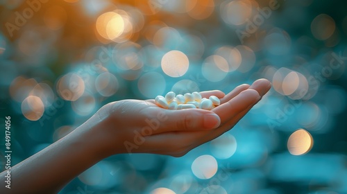 Close Up of a Hand Holding White Pills Against a Blue Bokeh Background