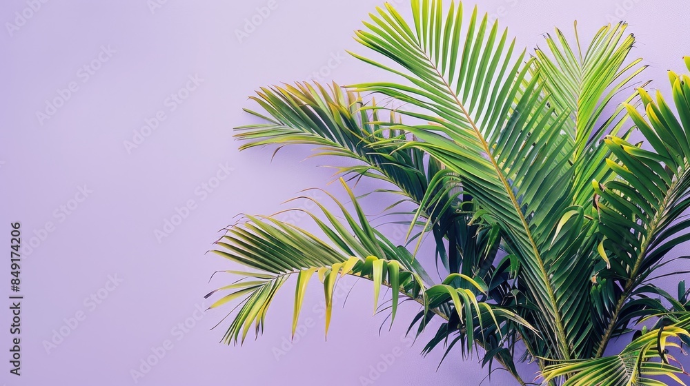 Fototapeta premium Close up photograph of a palm tree against a purple background with space for text