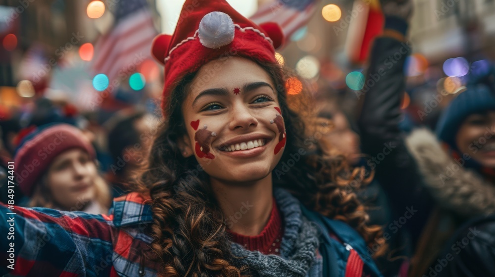 A woman in a red hat and plaid shirt