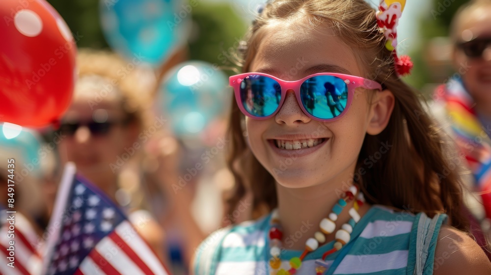 A little girl with sunglasses and a flag A little girl with sunglasses and a flag