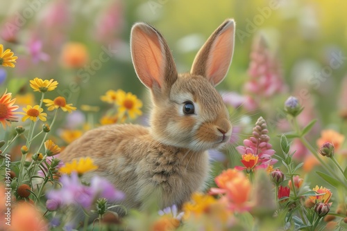 Baby Rabbit: A small, furry baby rabbit with long ears and bright eyes, hopping through a meadow filled with colorful flowers.