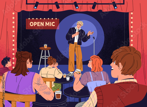 Comedian performs on Open mic. Comic talks, tells jokes with microphone to audience of stand up show. Spectators sit on the tables, listen to comedy performance, standup. Flat vector illustration