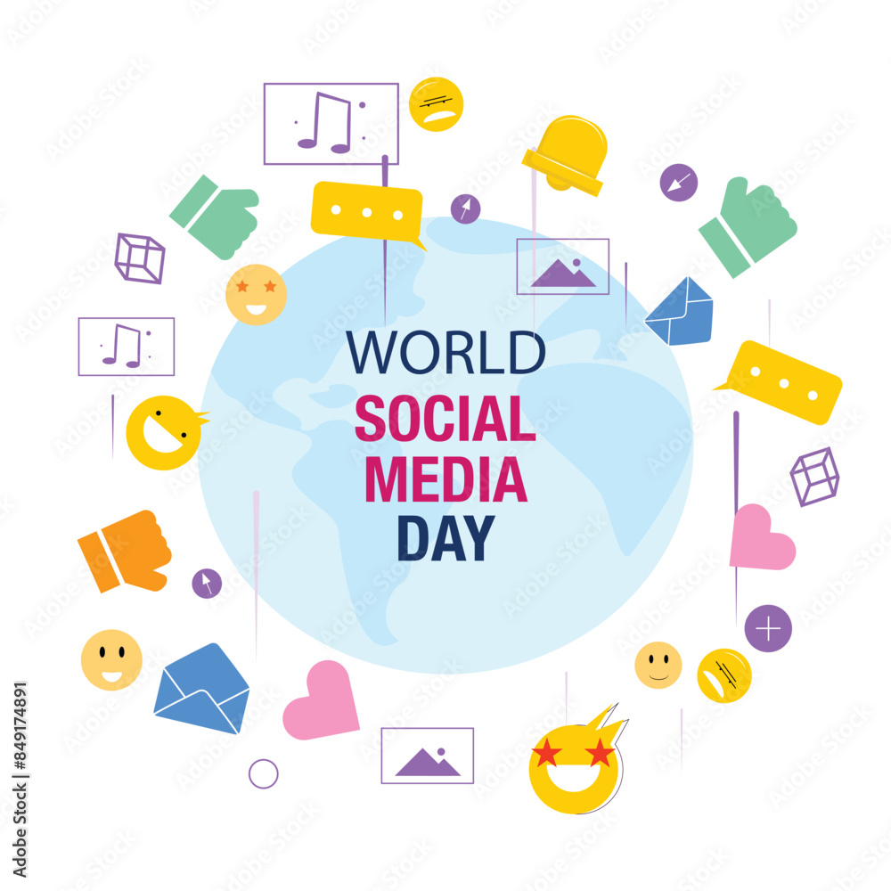 Globe with Happy Social Day text, encircled by social media icons like smile faces, music notes, hearts, thumbs up, messages, thumbs down and speech bubbles Globe with Happy Social Day text, encircled by social media icons like smile faces, music notes, hearts, thumbs up, messages, thumbs down and speech bubbles