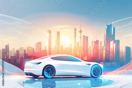 a white sports car parked in front of a city skyline © Sandor