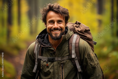 A happy man trails in the forest, with a backpack and the natural beauty of nature, generative IA