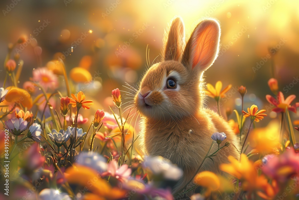 Baby Rabbit: A small, furry baby rabbit with long ears and bright eyes, hopping through a meadow filled with colorful flowers. Baby Rabbit: A small, furry baby rabbit with long ears and bright eyes, hopping through a meadow filled with colorful flowers.