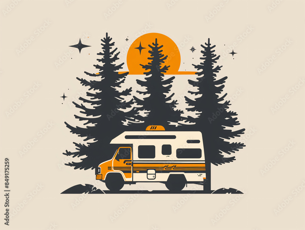 Obraz premium super simplistic camping logo, icon style, trees and a campervan, white background, simple style, simple icons