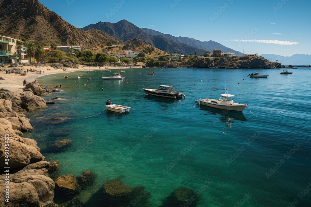 Obraz premium Taganga lookout ocean, mountains and boats., generative IA