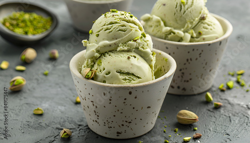 Mint ice cream. Summer dessert. Matcha Ice Cream: homemade ice cream with matcha powder. Homemade green organic avocado ice cream ready to eat © taiba