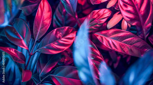 Aesthetic background, leaves with neon light