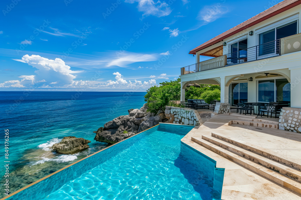 Fototapeta premium Ocean front property house with a swimming pool and access to the water