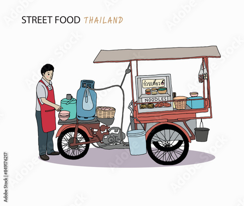 Thailand Street Food, noodles vendor. Hand drawn style vector illustration.