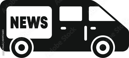 Black and white icon of a news van broadcasting and delivering information