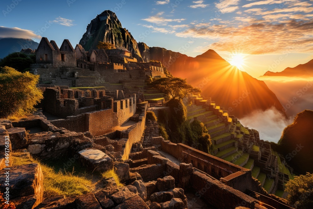 Machu Picchu at dawn, with intiuatana mystical., generative IA