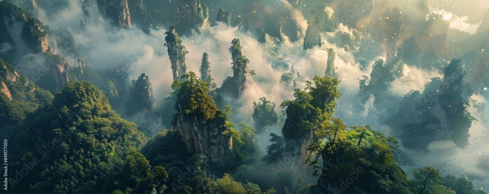 Aerial view of the Zhangjiajie National Forest Park in China, with towering rock formations shrouded by morning mist. Aerial view of the Zhangjiajie National Forest Park in China, with towering rock formations shrouded by morning mist.