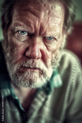 A close-up portrait of an elderly man with a determined expression and piercing blue eyes