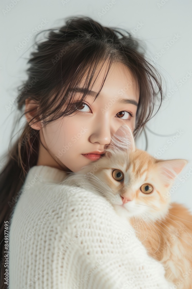 Pretty young women super models of Chinese ethnicity holding Cymric kitten with fluffy expression, no crop head. photo on white isolated background 