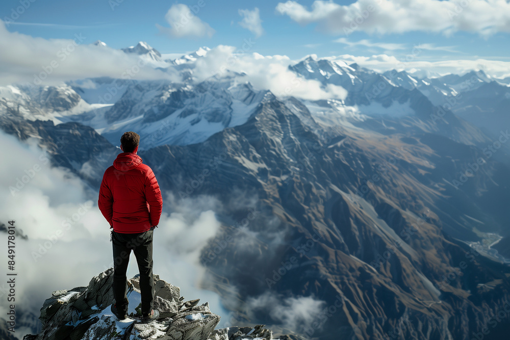 A man standing on top of a mountain looking at a mountain A man standing on top of a mountain looking at a mountain