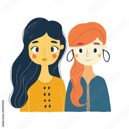 Two female characters, one looking sad, comforting her friend. Women cartoon style, one black hair, yellow blouse, redhaired, blue shirt. Expression support empathy, simple backdrop