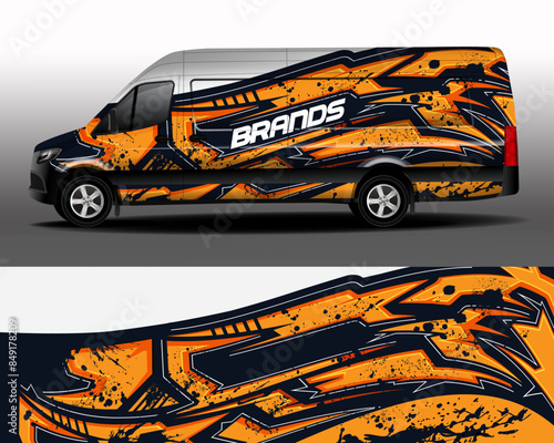 Delivery van vector design. Car sticker. Development of car design for the company. Car branding. Orange and white stripes on black background for car vinyl sticker.
