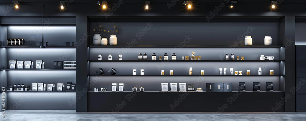 Modern shop background with sleek black shelves, bright spotlights, and minimalist decor.
