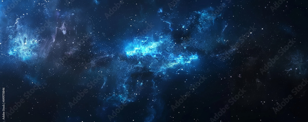 Fototapeta premium Mysterious space background with dark blue and black nebulae, bright stars, and shadowy voids.