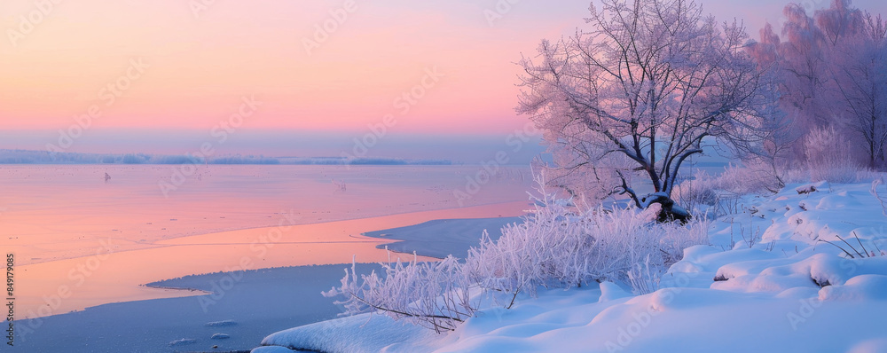 Peaceful winter background with a frozen lake, snow-covered shore, and a pastel sunset. Peaceful winter background with a frozen lake, snow-covered shore, and a pastel sunset.