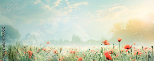 Peaceful spring background with a countryside field, blooming poppies, and a soft blue sky. photo