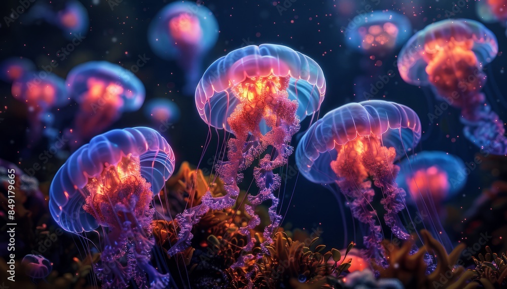 Surreal underwater scene with glowing jellyfish and coral reefs Surreal underwater scene with glowing jellyfish and coral reefs