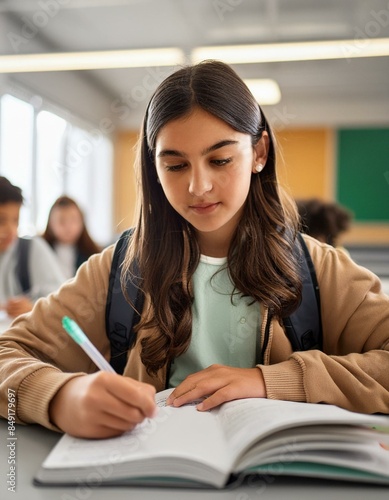 Una adolescente hispana de 15 años en la escuela, concentrada en una clase.