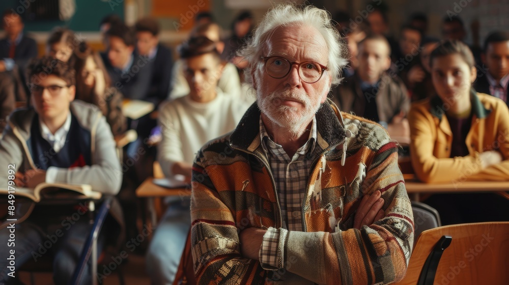 Photo of an adult professor giving a lecture to a group of university students and looking at the camera. Photo of an adult professor giving a lecture to a group of university students and looking at the camera.