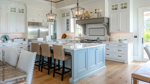 Coastal kitchen with a light blue island and white cabinetry