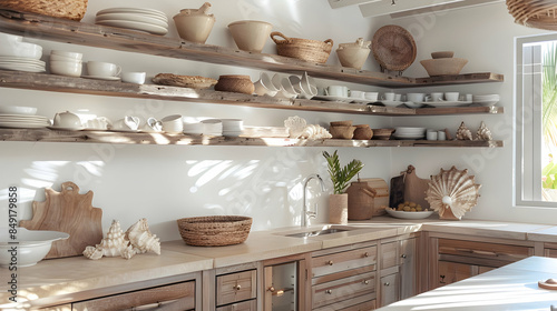 Coastal kitchen with driftwood shelves and seashell accents