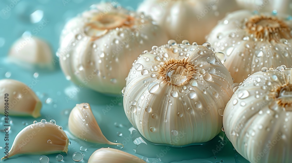 Fresh Whole Garlic Cloves With Water Droplets on Turquoise Background Fresh Whole Garlic Cloves With Water Droplets on Turquoise Background